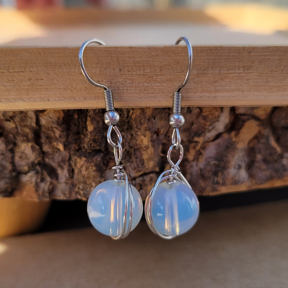 Wire Wrapped Opalite Stone Drop Earrings - Picture 5 of 5